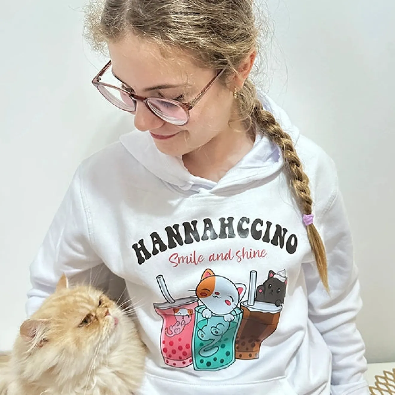 Hannahccino Cat Kids Hoodie White